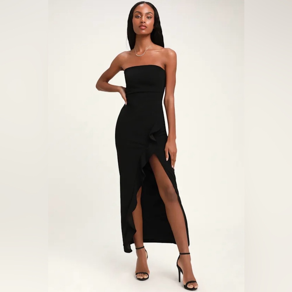 Lulu's Black Strapless Ruffle Maxi Dress